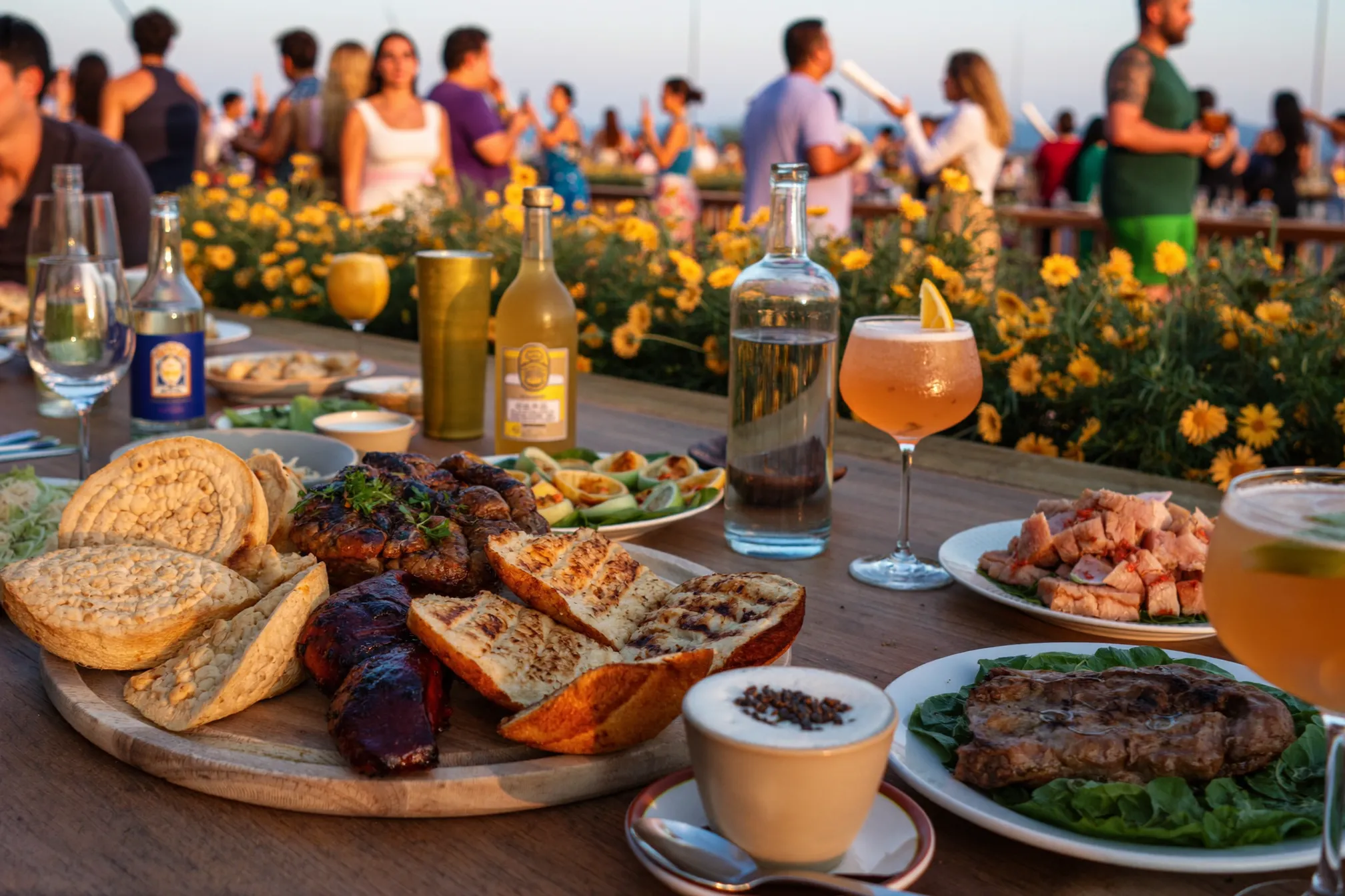 A lively Medellín restaurant terrace during Feria de las Flores season. Illustrative cover image, not a photograph of any specific establishment.
