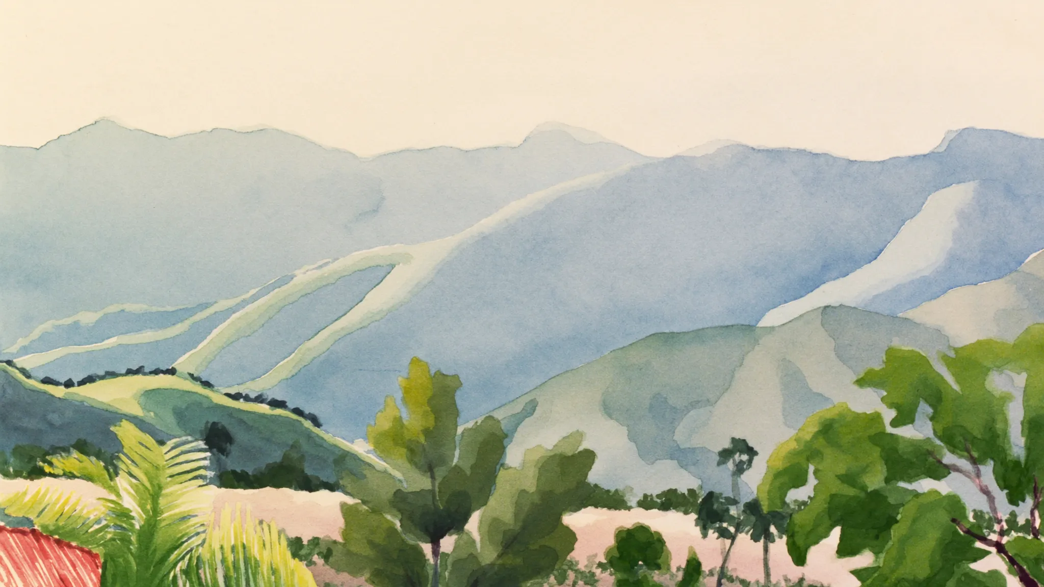 Watercolor painting of Medellín's green Andean mountains and valley